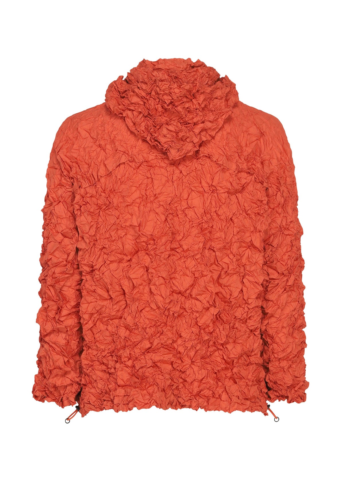 The MERINGUE PARKA by me ISSEY MIYAKE is a textured, orange hooded jacket crafted from recycled polyester, featuring a crinkled, wrinkled finish. Shown from the back against a white background, this packable design offers on-the-go style and convenience. view 4 of 12