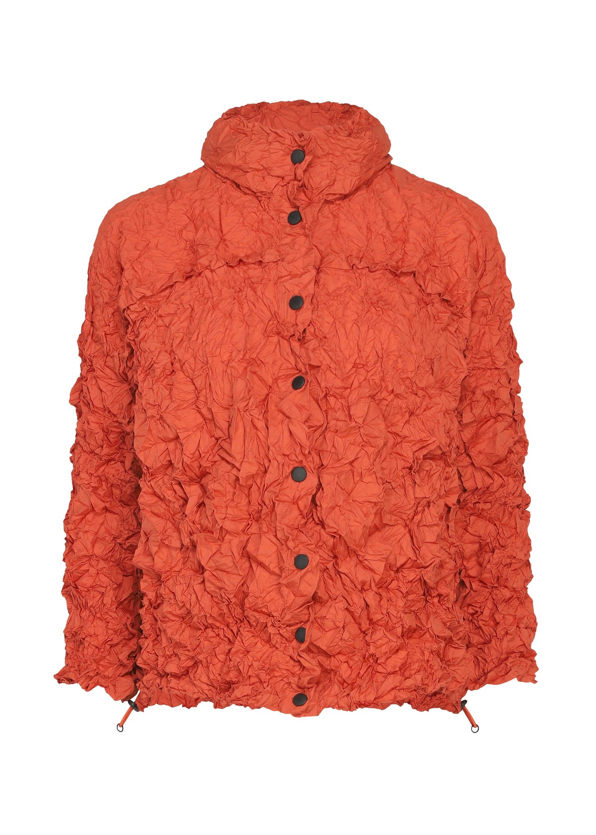 The MERINGUE PARKA by me ISSEY MIYAKE is a crinkled, bright orange packable jacket featuring black snap buttons down the front, a high collar, long sleeves, and adjustable drawstrings at the hem. view 6 of 12