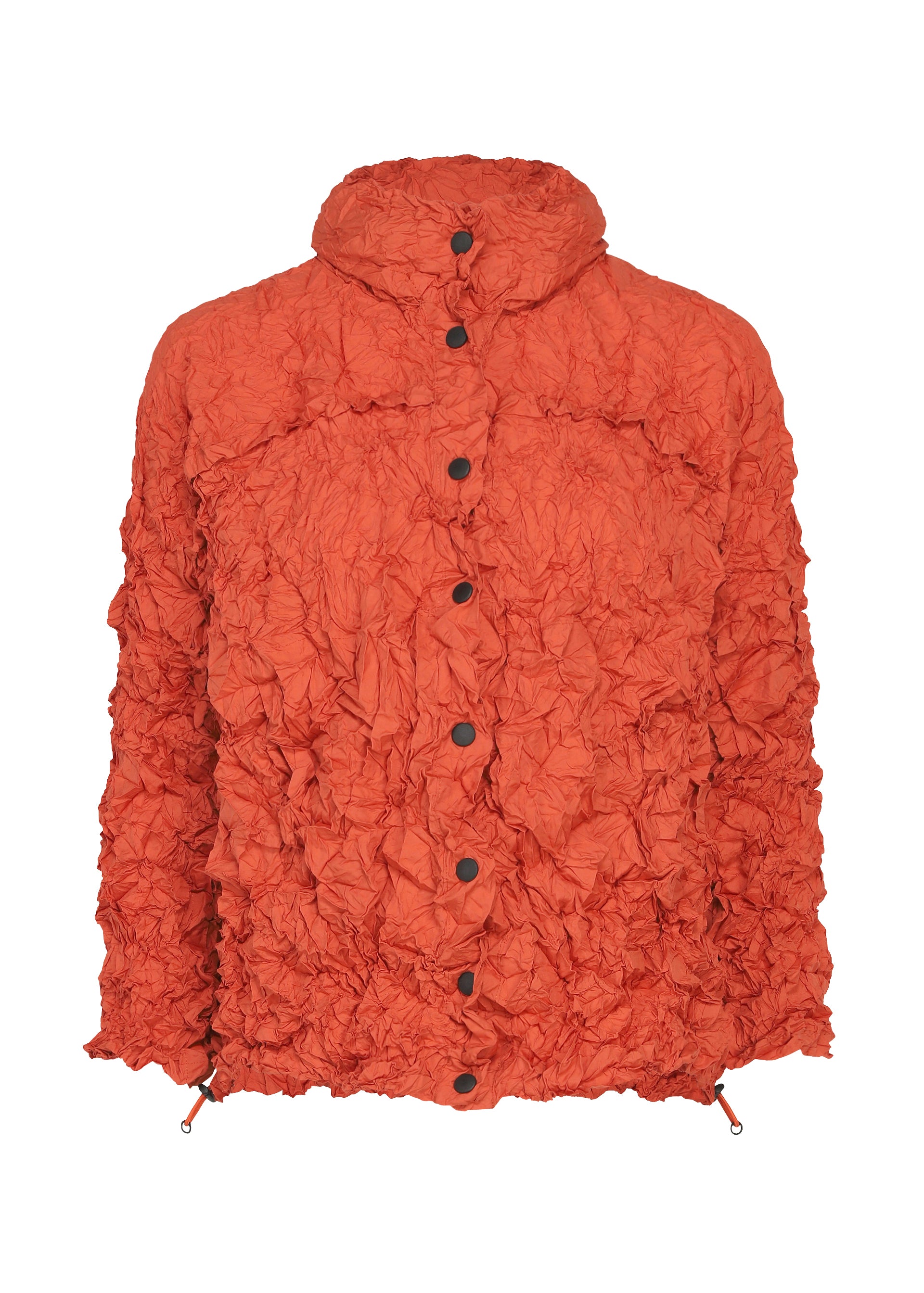 Zoomed view The MERINGUE PARKA by me ISSEY MIYAKE is a crinkled, bright orange packable jacket featuring black snap buttons down the front, a high collar, long sleeves, and adjustable drawstrings at the hem.