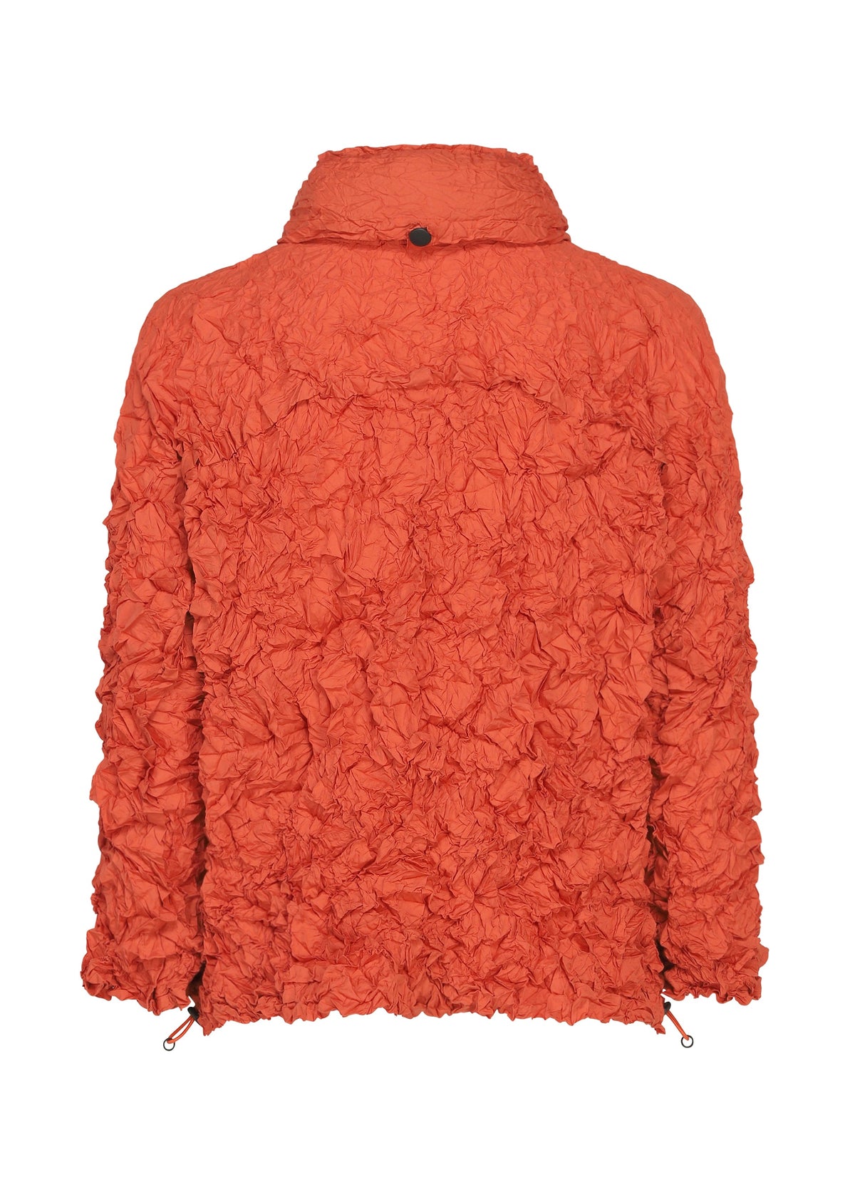 Back view of the MERINGUE PARKA by me ISSEY MIYAKE—an orange lightweight, water-repellent jacket featuring a textured, crinkled, and ruffled finish, high collar, and drawstring hem—ideal for unpredictable weather. view 7 of 12