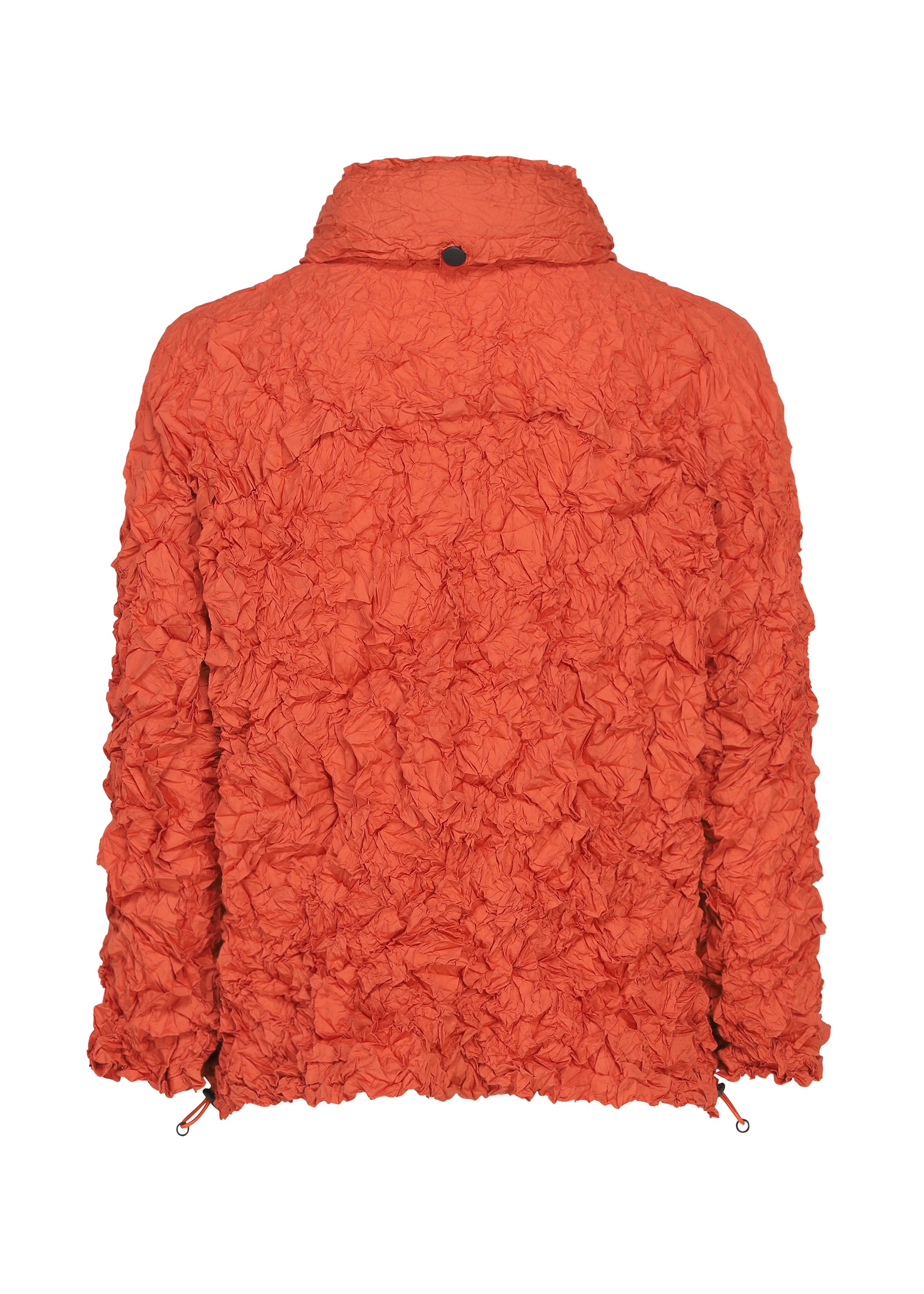 Zoomed view Back view of the MERINGUE PARKA by me ISSEY MIYAKE—an orange lightweight, water-repellent jacket featuring a textured, crinkled, and ruffled finish, high collar, and drawstring hem—ideal for unpredictable weather.
