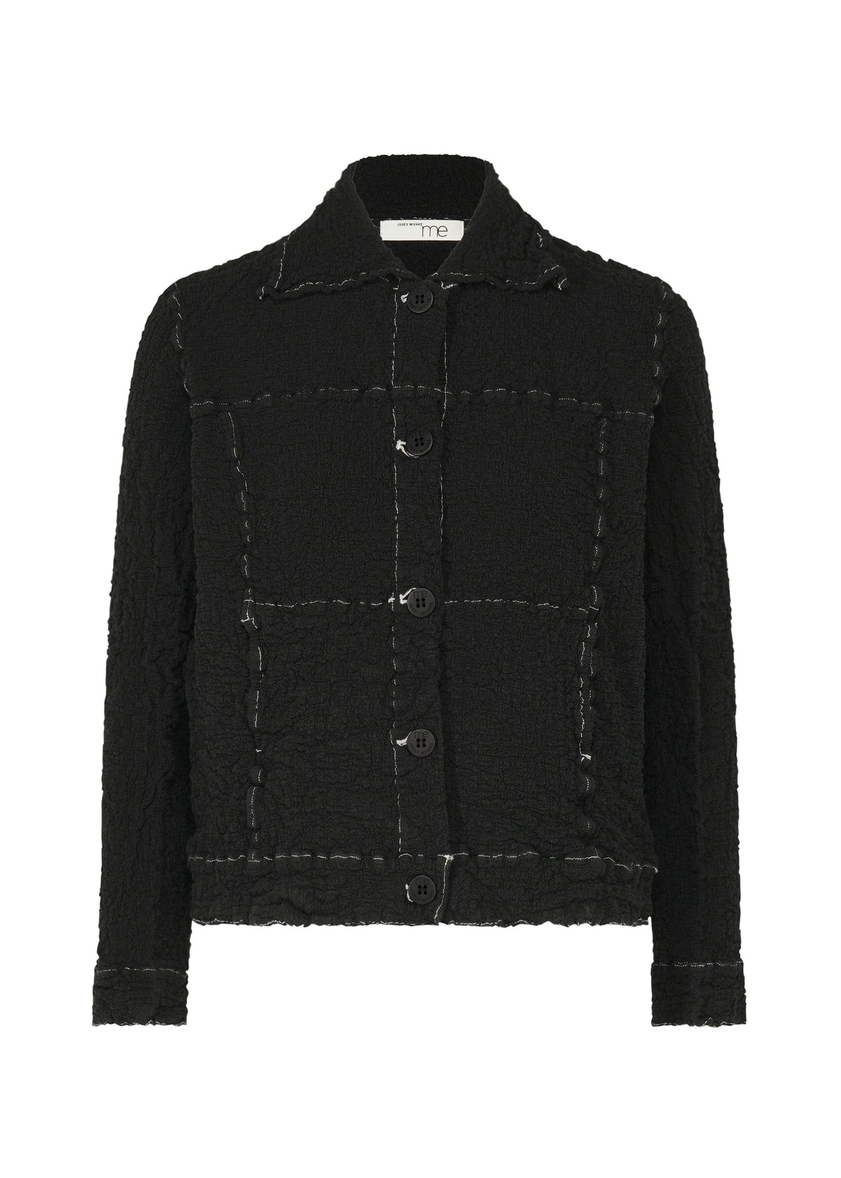 The CAULIFLOWER COLOR 1 by me ISSEY MIYAKE is a black textured cotton button-up jacket with visible white stitching on the seams, collar, cuffs, and front panels, shown against a plain white background. view 1 of 8