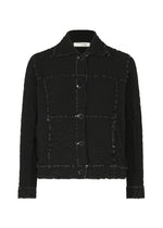 The CAULIFLOWER COLOR 1 by me ISSEY MIYAKE is a black textured cotton button-up jacket with visible white stitching on the seams, collar, cuffs, and front panels, shown against a plain white background. - BLACK （no.15）
