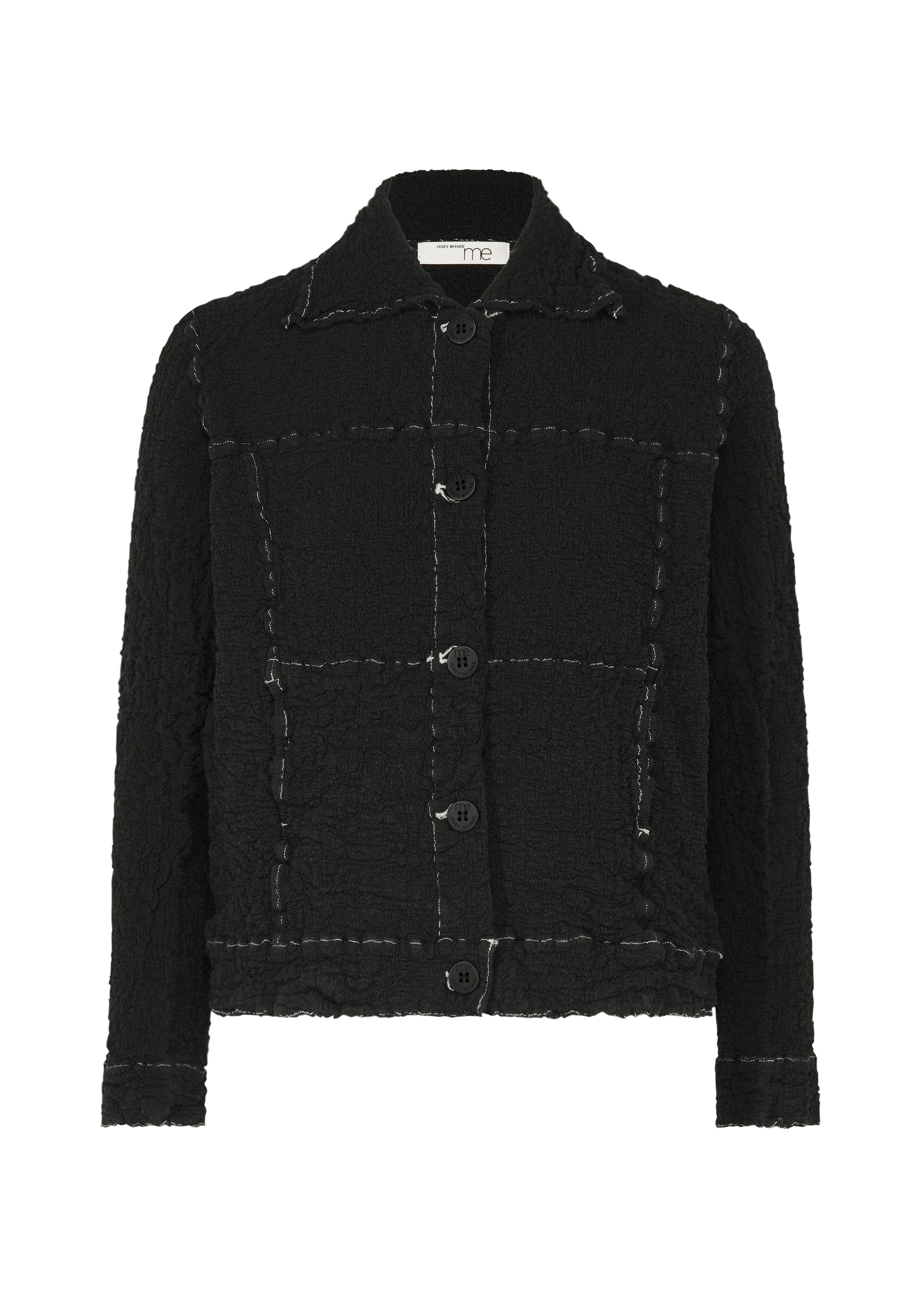 Zoomed view The CAULIFLOWER COLOR 1 by me ISSEY MIYAKE is a black textured cotton button-up jacket with visible white stitching on the seams, collar, cuffs, and front panels, shown against a plain white background. - BLACK （no.15）