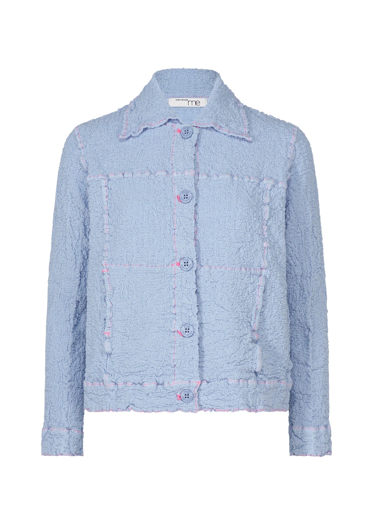 The CAULIFLOWER COLOR 1 jacket by me ISSEY MIYAKE is light blue cotton with textured fabric, a collar, long sleeves, large front buttons, and pink stitching that outlines square patterns on the front. view 3 of 8