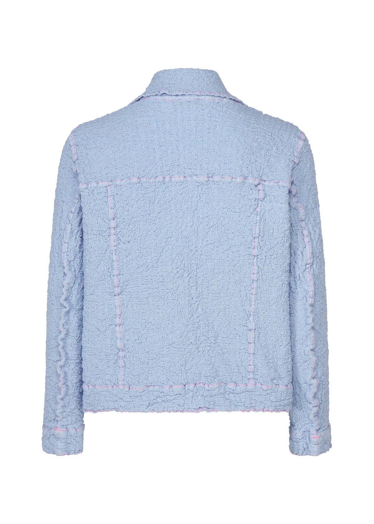 The CAULIFLOWER COLOR 1 jacket by me ISSEY MIYAKE is a light blue, textured cotton piece with long sleeves, visible seams, and a boxy cropped fit. Shown from the back, it highlights unique detailing for a modern look. view 4 of 8