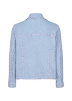 The CAULIFLOWER COLOR 1 jacket by me ISSEY MIYAKE is a light blue, textured cotton piece with long sleeves, visible seams, and a boxy cropped fit. Shown from the back, it highlights unique detailing for a modern look.