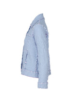 CAULIFLOWER COLOR 1 by me ISSEY MIYAKE: light blue cotton jacket with textured fabric, visible seams, a collar, and decorative edging on the cuffs, hem, and seams. Side view shown against a white background.