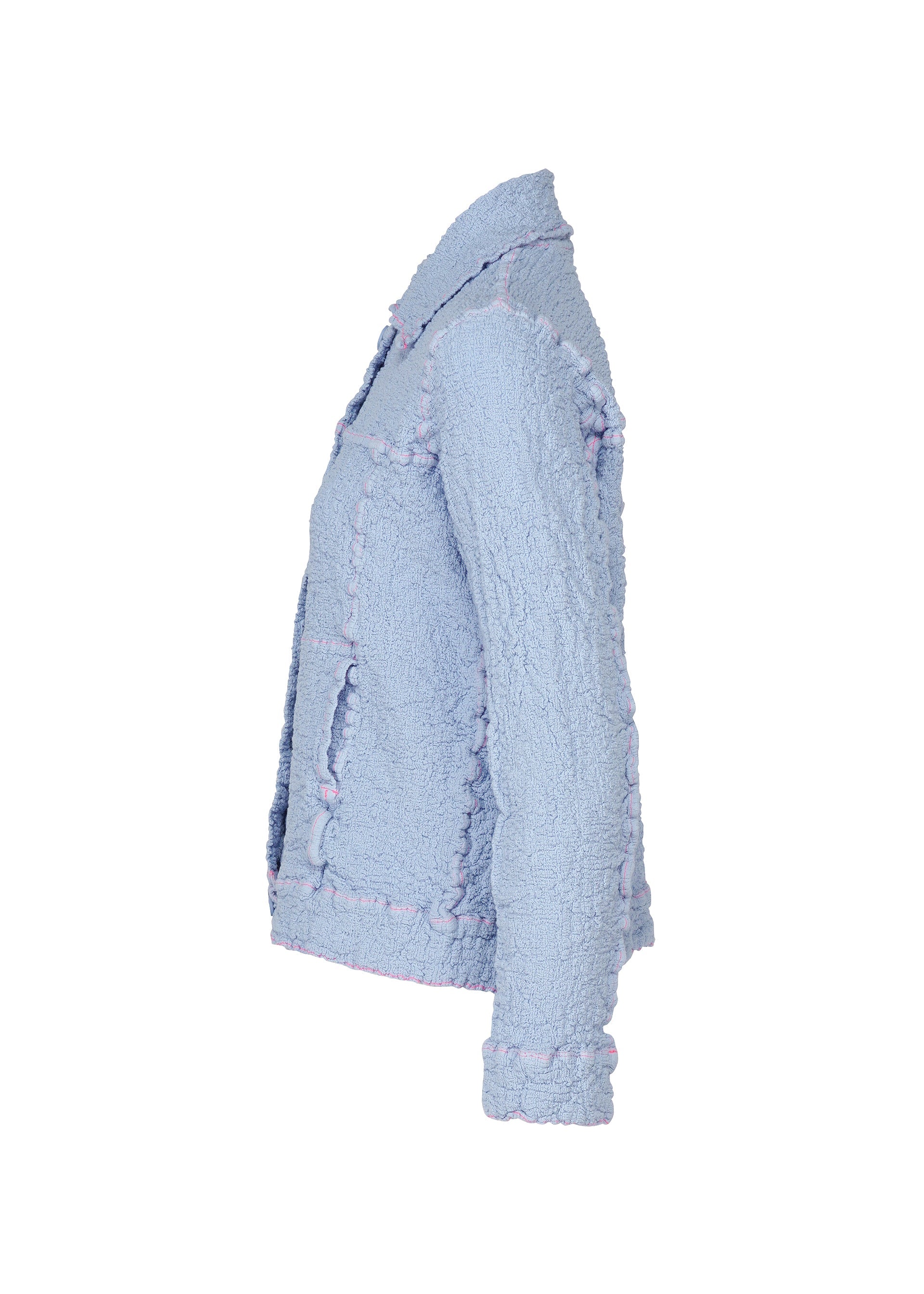 Zoomed view CAULIFLOWER COLOR 1 by me ISSEY MIYAKE: light blue cotton jacket with textured fabric, visible seams, a collar, and decorative edging on the cuffs, hem, and seams. Side view shown against a white background.