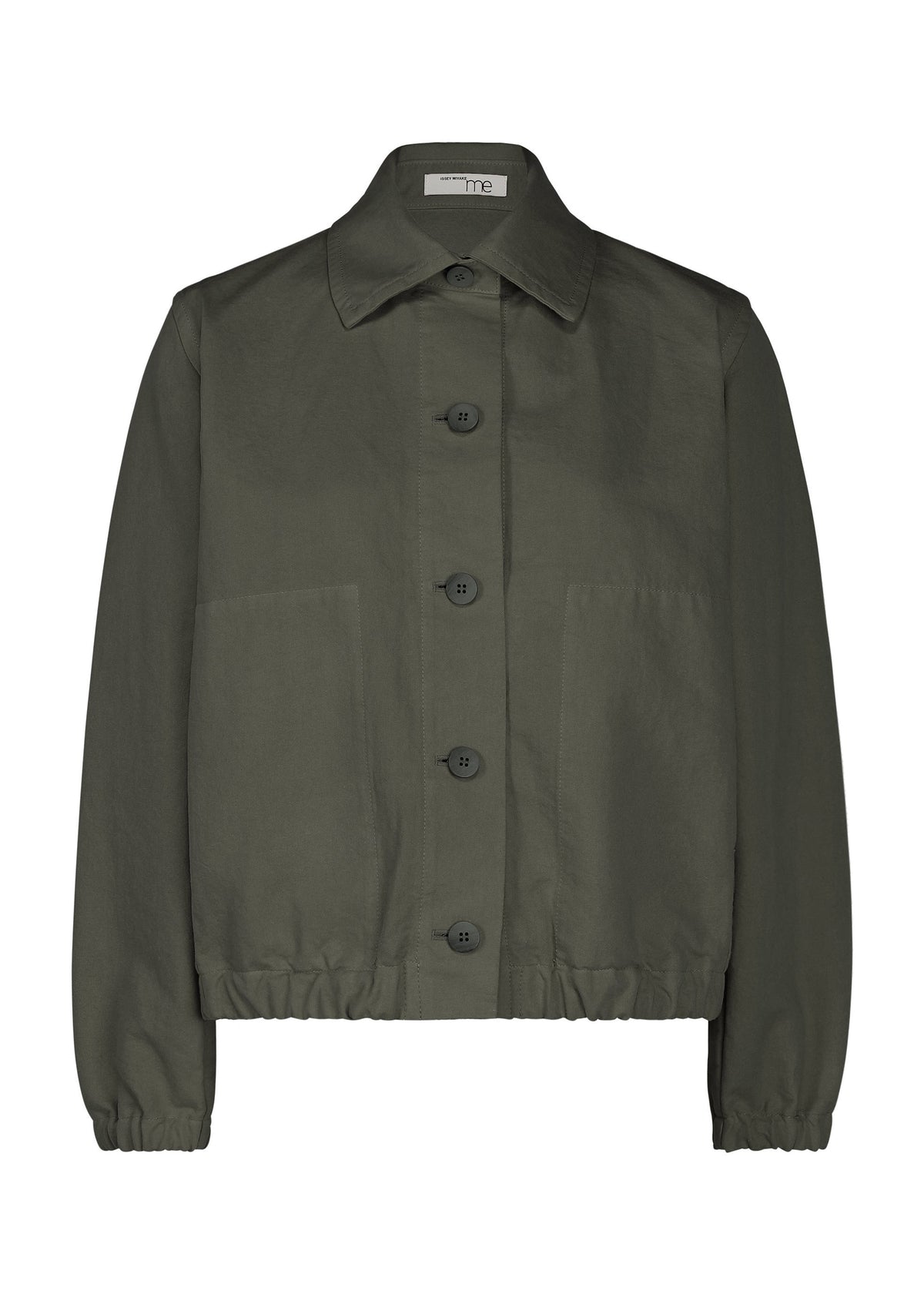 A garment-dyed PINA CLOTH jacket by me ISSEY MIYAKE in plain olive green, featuring a collar, two front pockets, and an elastic waistband. view 2 of 8