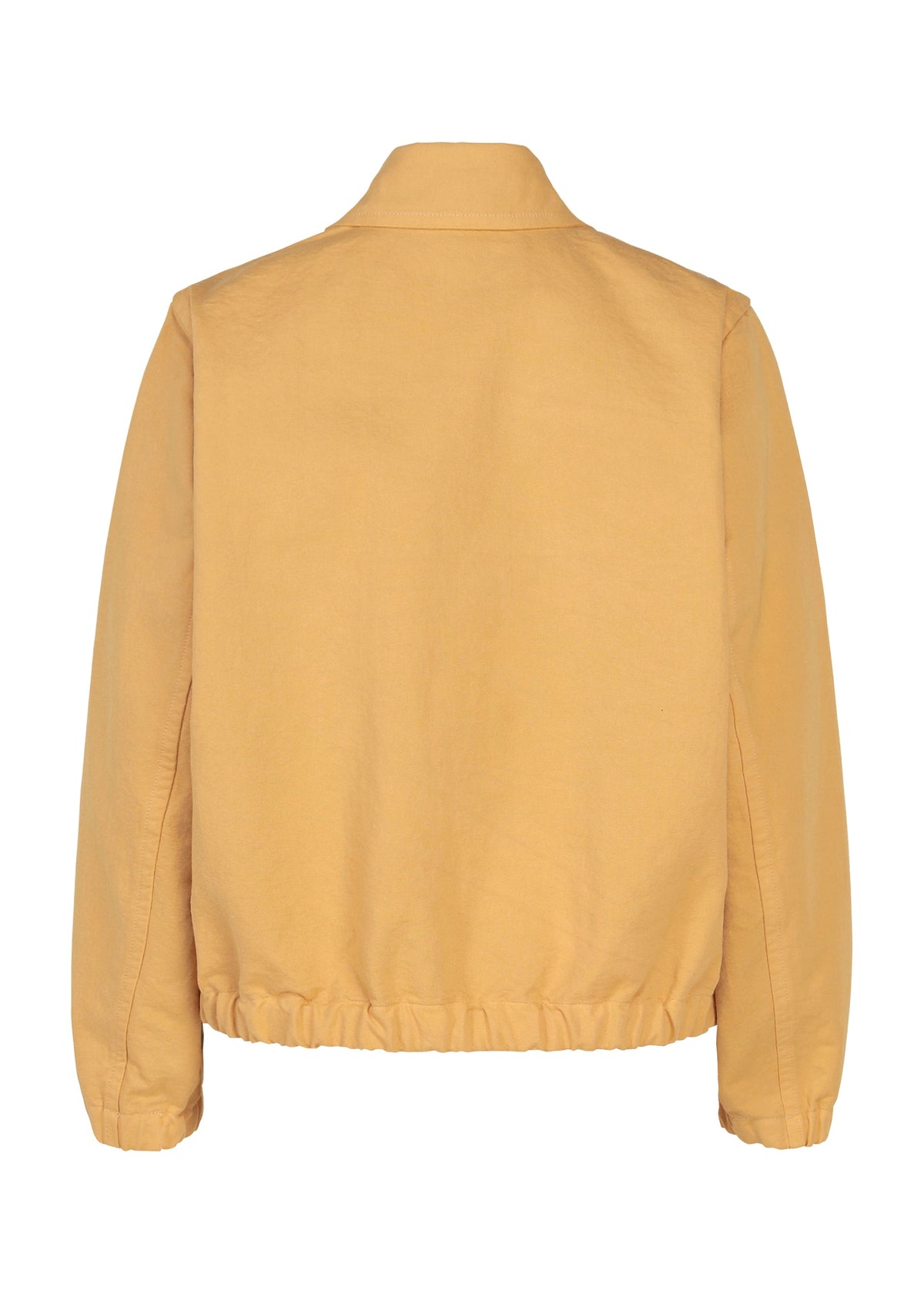 A back view of the me ISSEY MIYAKE PINA CLOTH jacket in mustard yellow, garment-dyed with a simple collar, long sleeves, and an elastic waistband. view 3 of 8