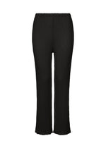 The SEE-THROUGH CREPE COLOR pants by me ISSEY MIYAKE are black, loose-fitting, full-length with a subtle drape and elastic waistband, crafted from high-twist thread for a refined texture, shown against a plain white background. - BLACK （no.15）