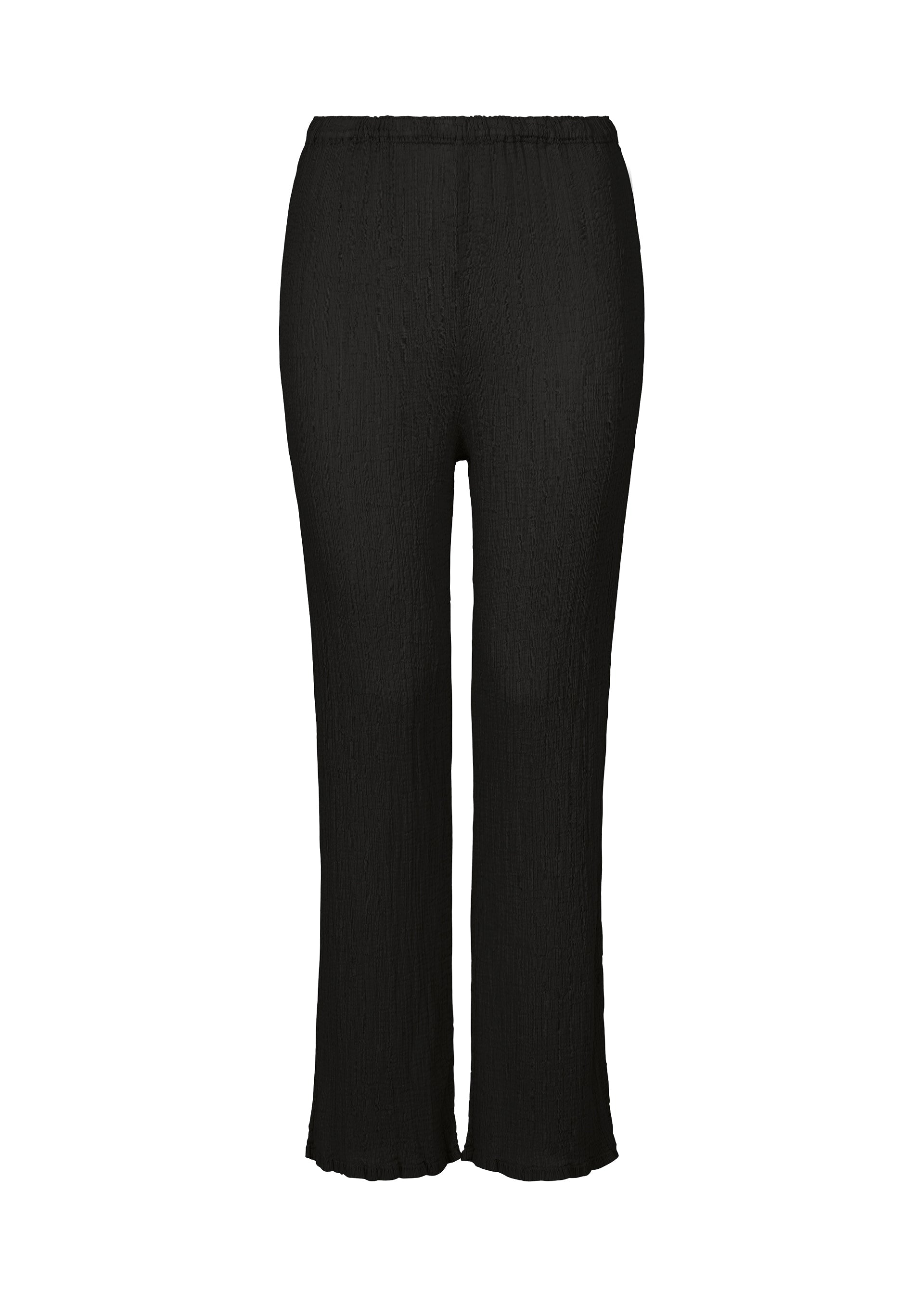 Zoomed view The SEE-THROUGH CREPE COLOR pants by me ISSEY MIYAKE are black, loose-fitting, full-length with a subtle drape and elastic waistband, crafted from high-twist thread for a refined texture, shown against a plain white background. - BLACK （no.15）