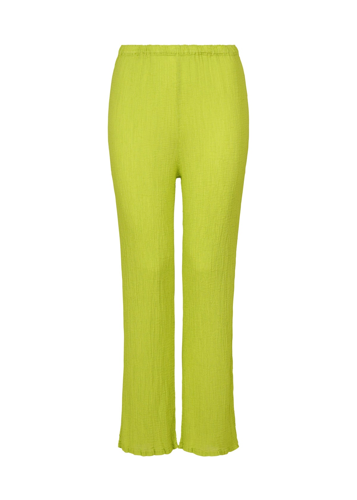 SEE-THROUGH CREPE COLOR by me ISSEY MIYAKE: bright green textured wide-leg pants with a ruffled hem and elastic waistband, made from product-dyed fabric and shown against a white background. view 2 of 6