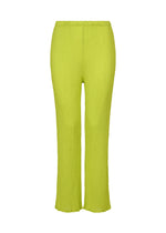 SEE-THROUGH CREPE COLOR by me ISSEY MIYAKE: bright green textured wide-leg pants with a ruffled hem and elastic waistband, made from product-dyed fabric and shown against a white background. - LIME YELLOW （no.51）