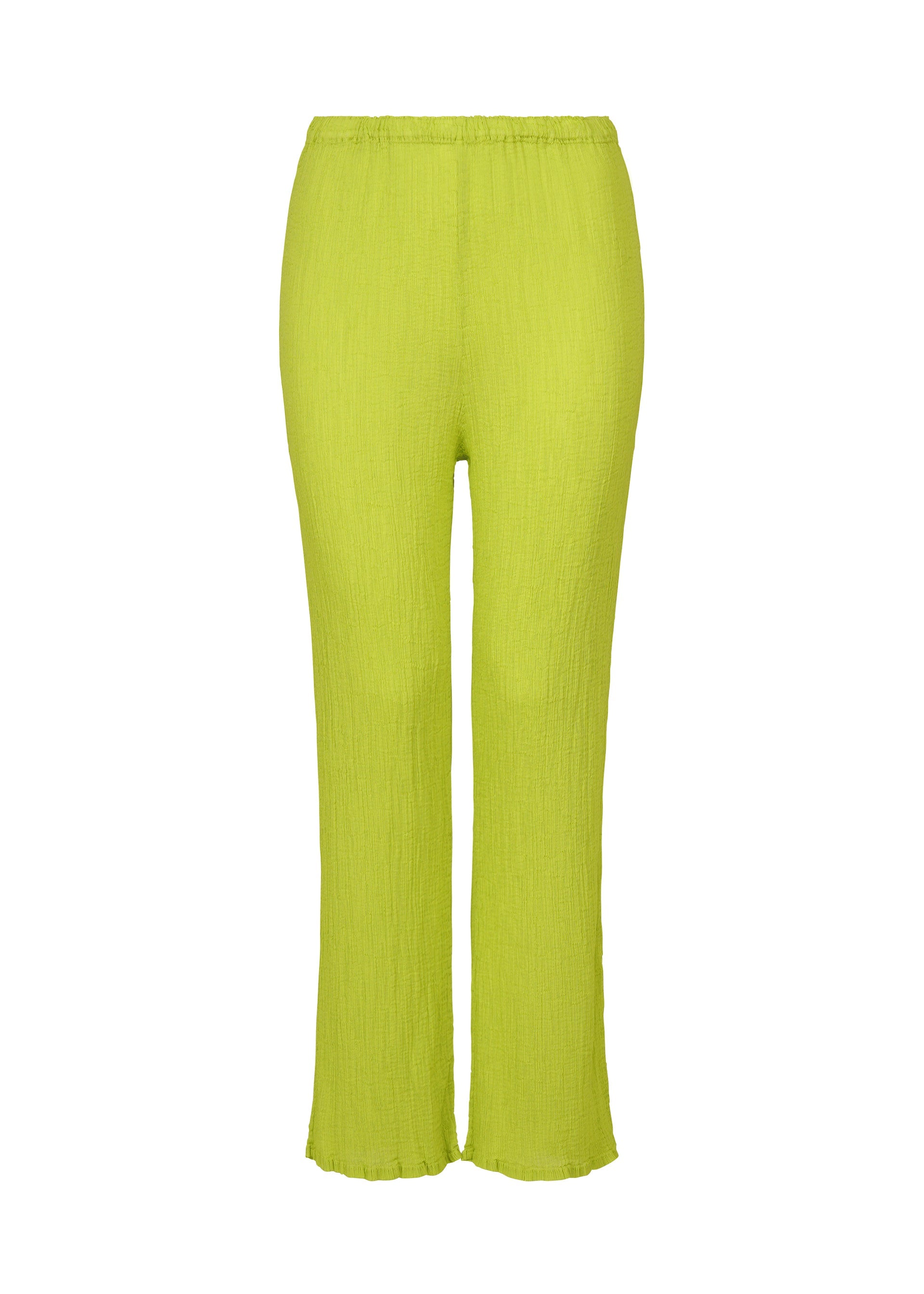 Zoomed view SEE-THROUGH CREPE COLOR by me ISSEY MIYAKE: bright green textured wide-leg pants with a ruffled hem and elastic waistband, made from product-dyed fabric and shown against a white background. - LIME YELLOW （no.51）