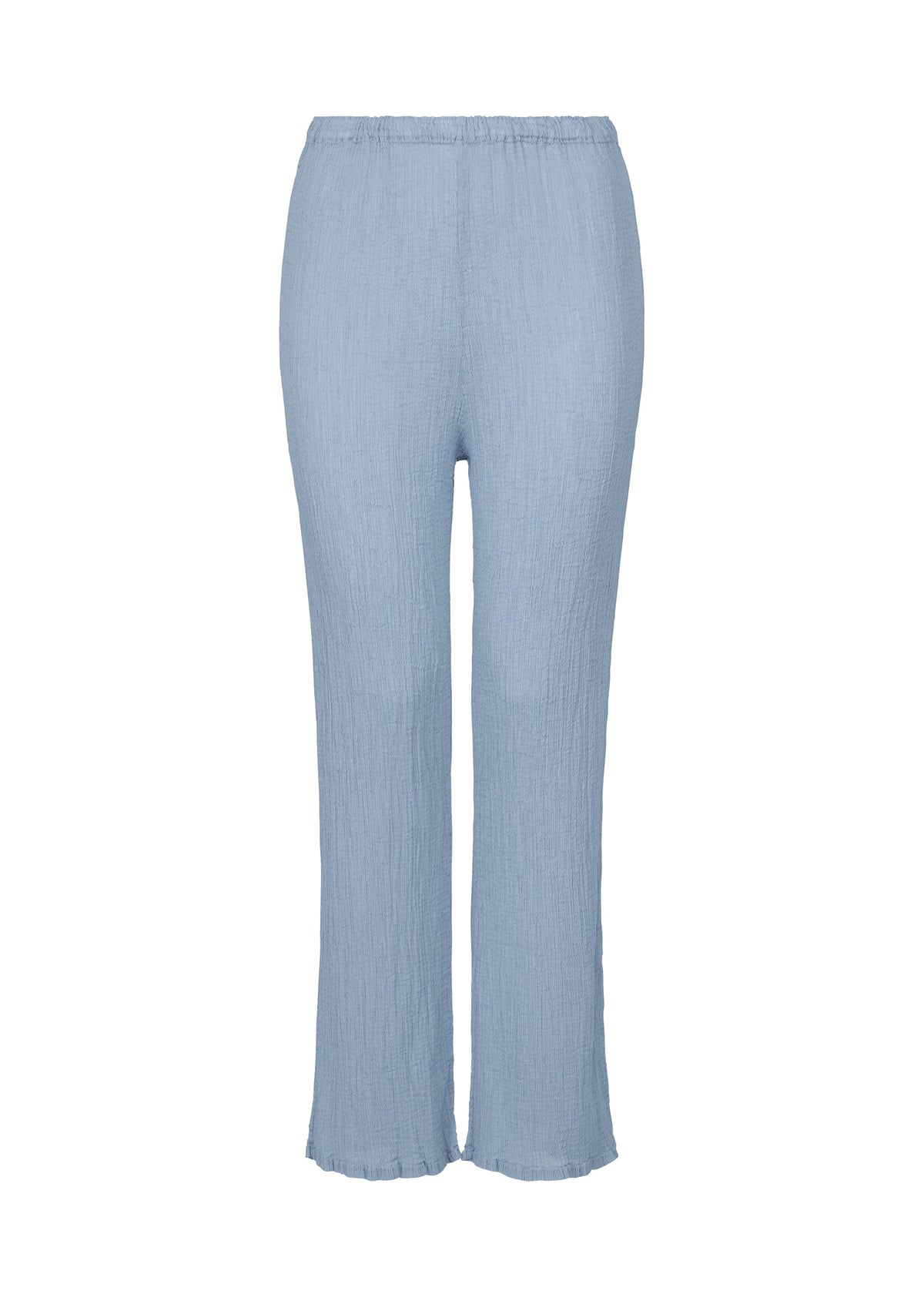 The SEE-THROUGH CREPE COLOR pants by me ISSEY MIYAKE are light blue, high-waisted, full-length women's pants made from product-dyed textured fabric with a straight leg fit, elastic waistband, and no visible pockets or closures. view 3 of 6