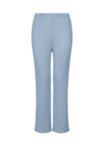 The SEE-THROUGH CREPE COLOR pants by me ISSEY MIYAKE are light blue, high-waisted, full-length women's pants made from product-dyed textured fabric with a straight leg fit, elastic waistband, and no visible pockets or closures. - FOGGY BLUE （no.71）