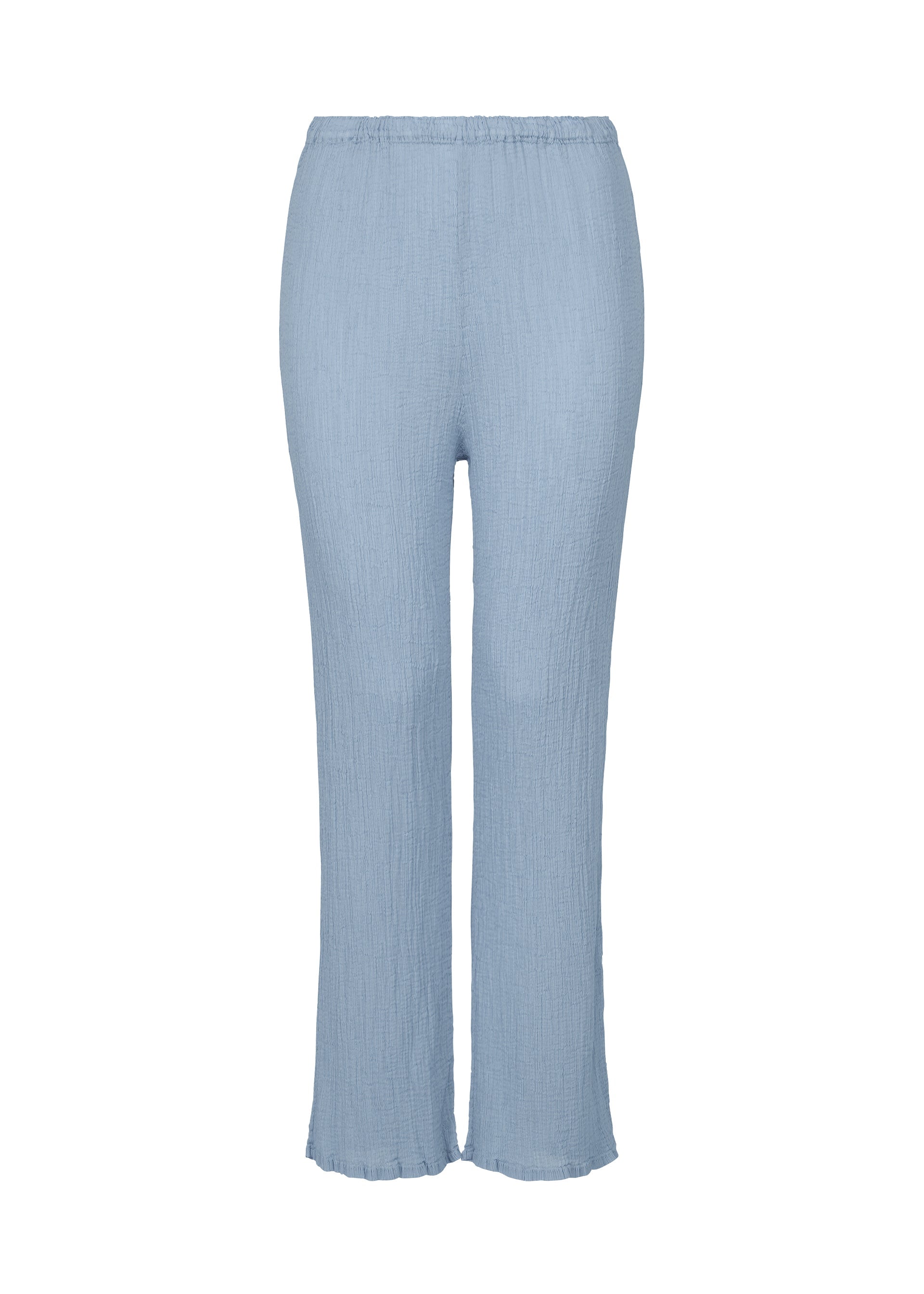 Zoomed view The SEE-THROUGH CREPE COLOR pants by me ISSEY MIYAKE are light blue, high-waisted, full-length women's pants made from product-dyed textured fabric with a straight leg fit, elastic waistband, and no visible pockets or closures. - FOGGY BLUE （no.71）