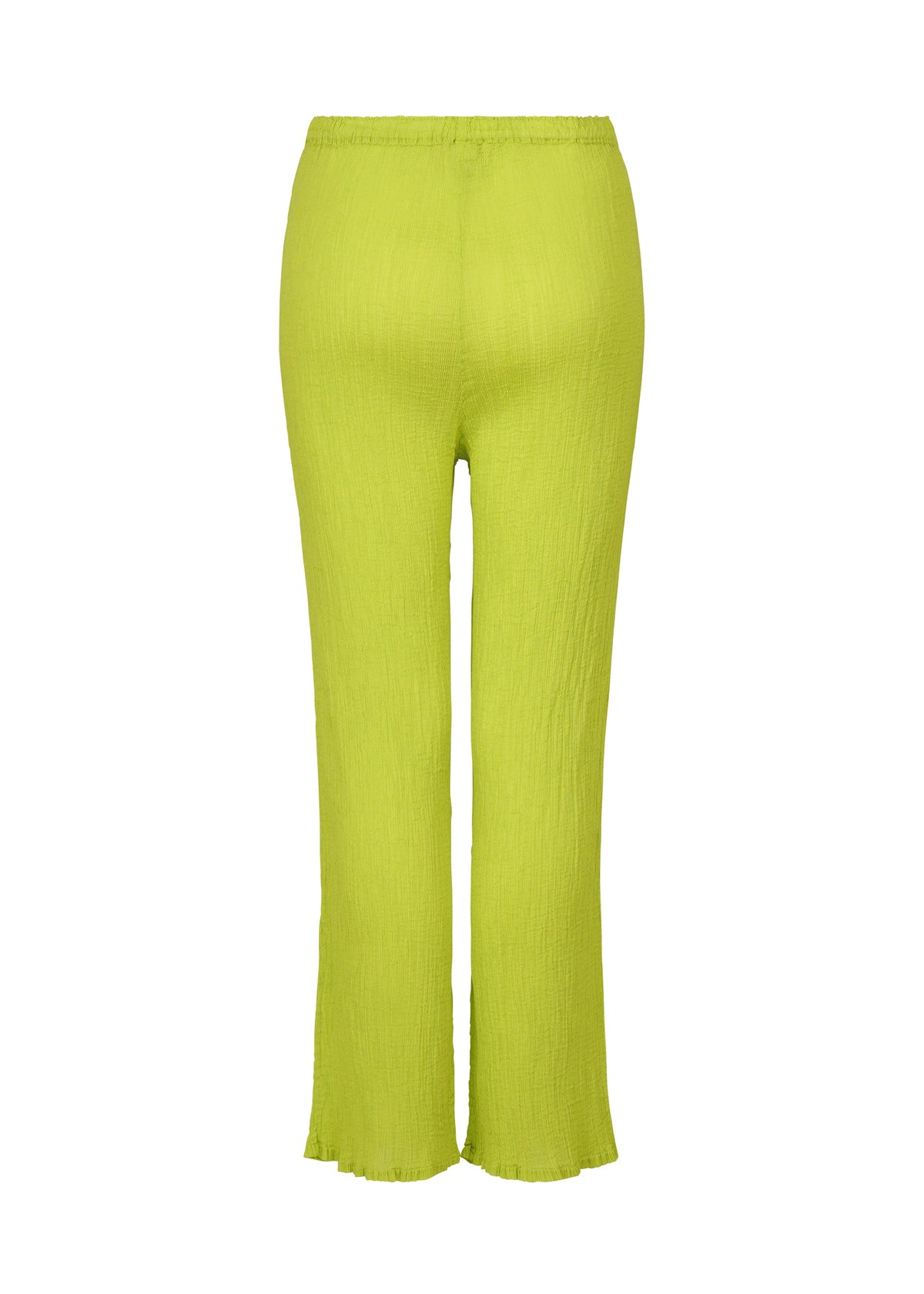 The SEE-THROUGH CREPE COLOR pants by me ISSEY MIYAKE feature bright lime green, product-dyed fabric with an elastic waistband, straight-leg cut, and slightly flared hems in high-twist thread, shown against a plain white background. view 4 of 6