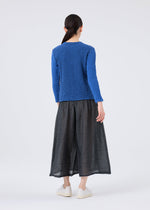 A woman stands with her back to the camera against a plain background, wearing a textured, vibrant blue long-sleeved top crafted for cotton comfort. She pairs it with the me ISSEY MIYAKE STRIPE CAULIFLOWER midi skirt—a loose-fitting, semi-sheer piece featuring black-and-grey stripes—and simple white slip-on sneakers.
