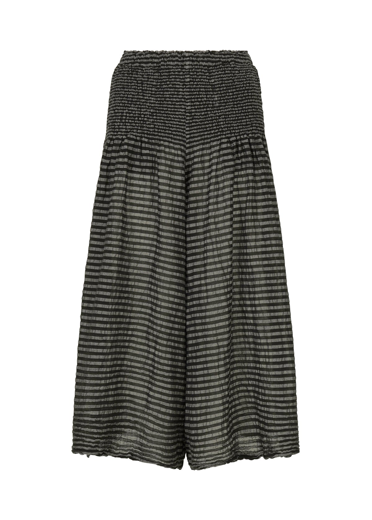 The STRIPE CAULIFLOWER culotte shorts by me ISSEY MIYAKE feature wide-leg black and gray stripes, crafted from the signature striped CAULIFLOWER fabric. These shorts offer a smocked elastic waistband and a subtly crinkled texture, ensuring cotton comfort, all showcased against a plain white background. view 1 of 8