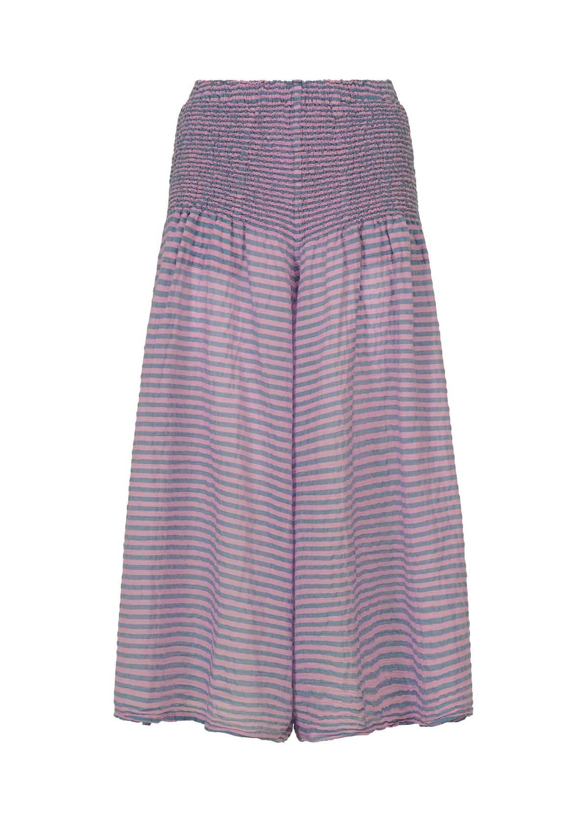 Wide-leg, high-waisted STRIPE CAULIFLOWER pants by me ISSEY MIYAKE, featuring a smocked waistband and purple and blue horizontal stripes on lightweight cotton comfort fabric, displayed on a white background. view 2 of 8