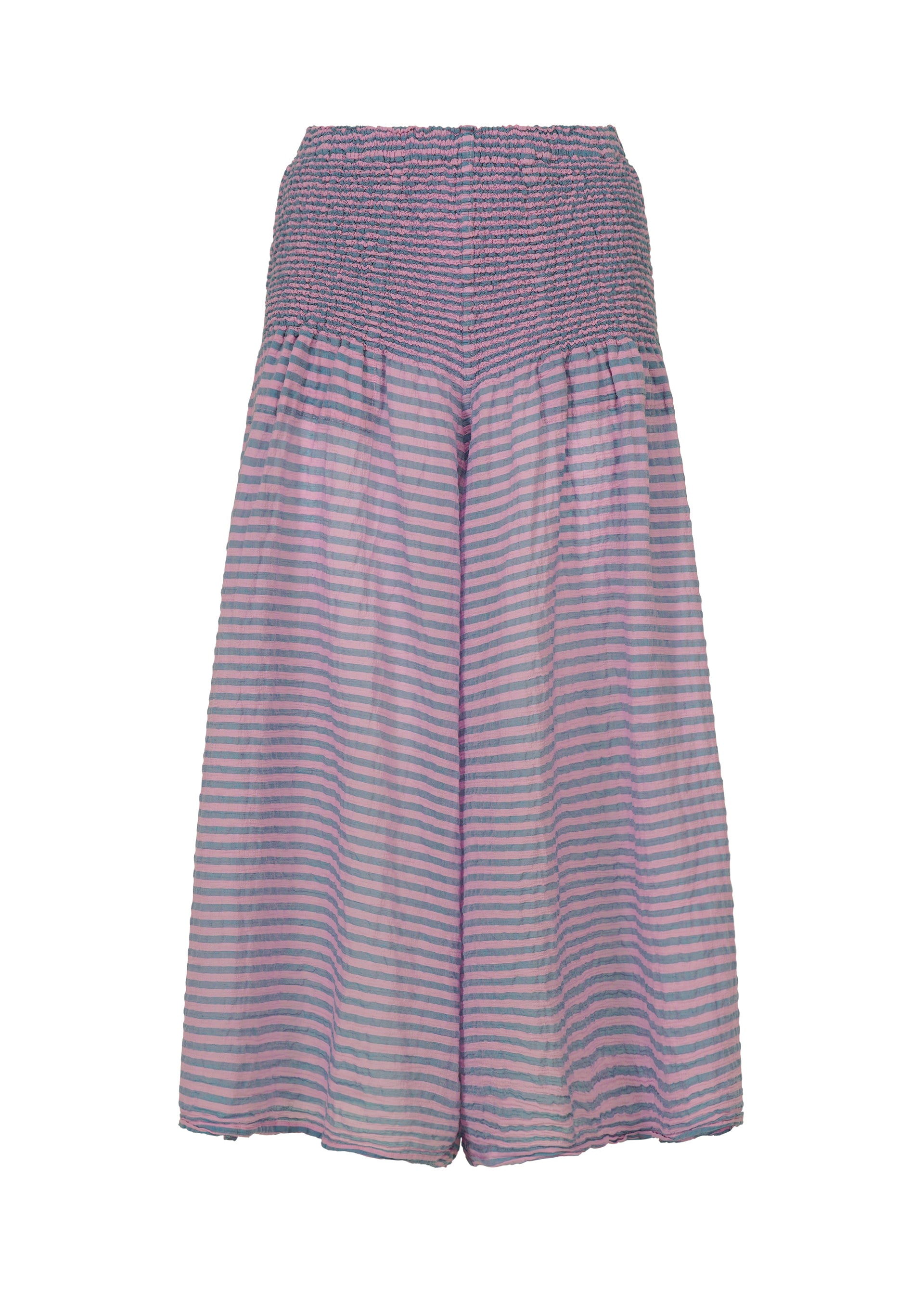 Zoomed view Wide-leg, high-waisted STRIPE CAULIFLOWER pants by me ISSEY MIYAKE, featuring a smocked waistband and purple and blue horizontal stripes on lightweight cotton comfort fabric, displayed on a white background. - PINK-HUED （no.27）