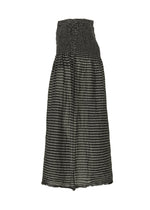 Introducing the STRIPE CAULIFLOWER skirt by me ISSEY MIYAKE: a high-waisted, knee-length design in black and gray stripes, crafted from soft cotton for ultimate comfort. This piece features a smocked elastic waistband and a slightly flared hem, inspired by the distinctive striped CAULIFLOWER fabric. Shown against a white background.