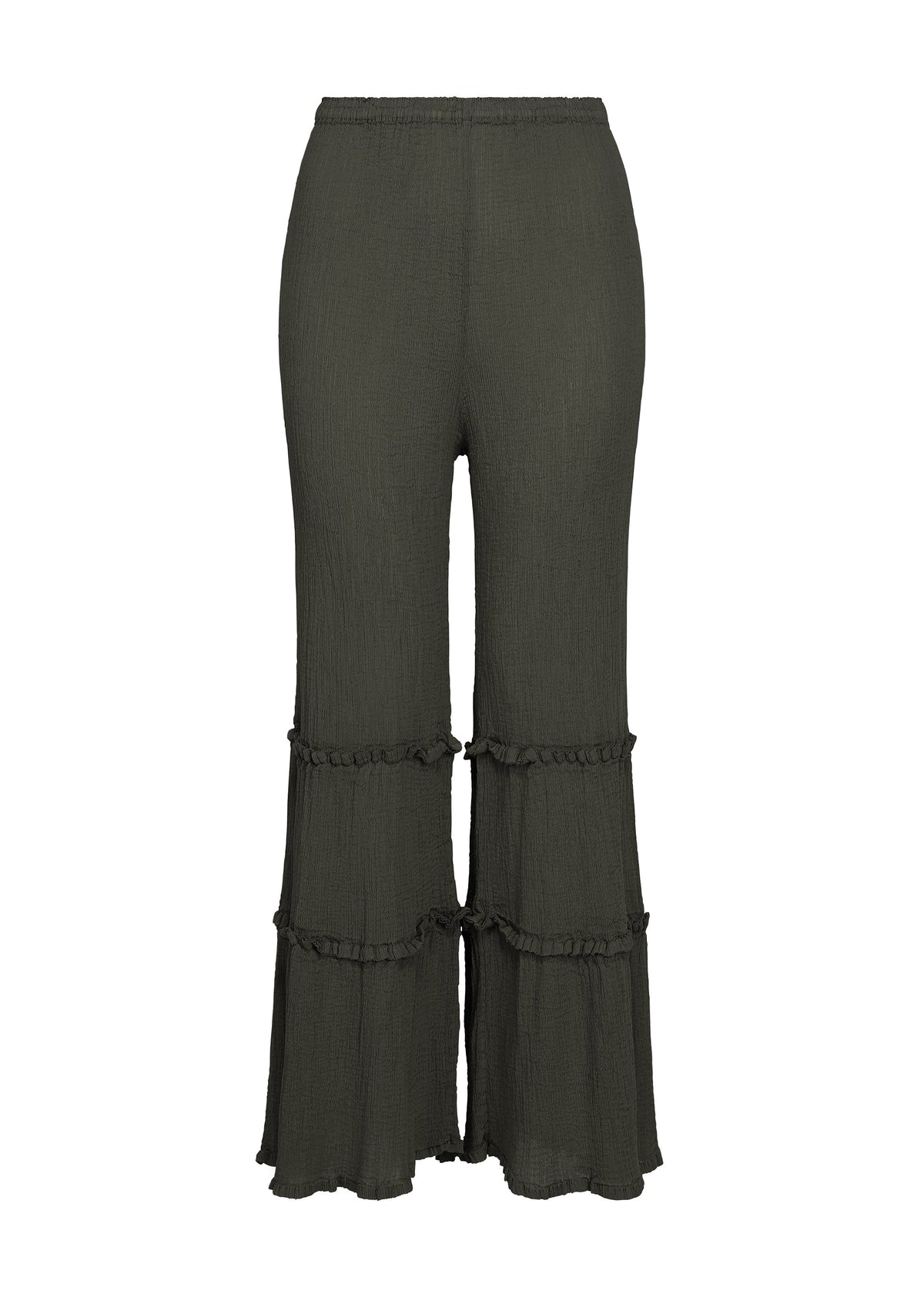 The FLARE SEE-THROUGH CREPE pants by me ISSEY MIYAKE feature a wide-leg silhouette in olive green, designed with an elastic waistband and two horizontal ruffle accents on each leg. Crafted from garment-dyed fabric, these pants showcase a textured, crinkled appearance with loosely flared hems for effortless movement. view 1 of 6