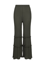 The FLARE SEE-THROUGH CREPE pants by me ISSEY MIYAKE feature a wide-leg silhouette in olive green, designed with an elastic waistband and two horizontal ruffle accents on each leg. Crafted from garment-dyed fabric, these pants showcase a textured, crinkled appearance with loosely flared hems for effortless movement. - CHARCOAL （no.14）
