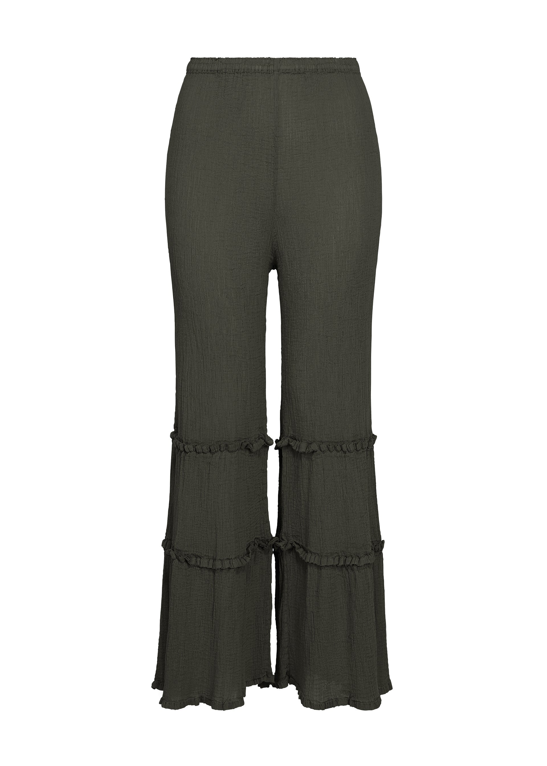 Zoomed view The FLARE SEE-THROUGH CREPE pants by me ISSEY MIYAKE feature a wide-leg silhouette in olive green, designed with an elastic waistband and two horizontal ruffle accents on each leg. Crafted from garment-dyed fabric, these pants showcase a textured, crinkled appearance with loosely flared hems for effortless movement. - CHARCOAL （no.14）