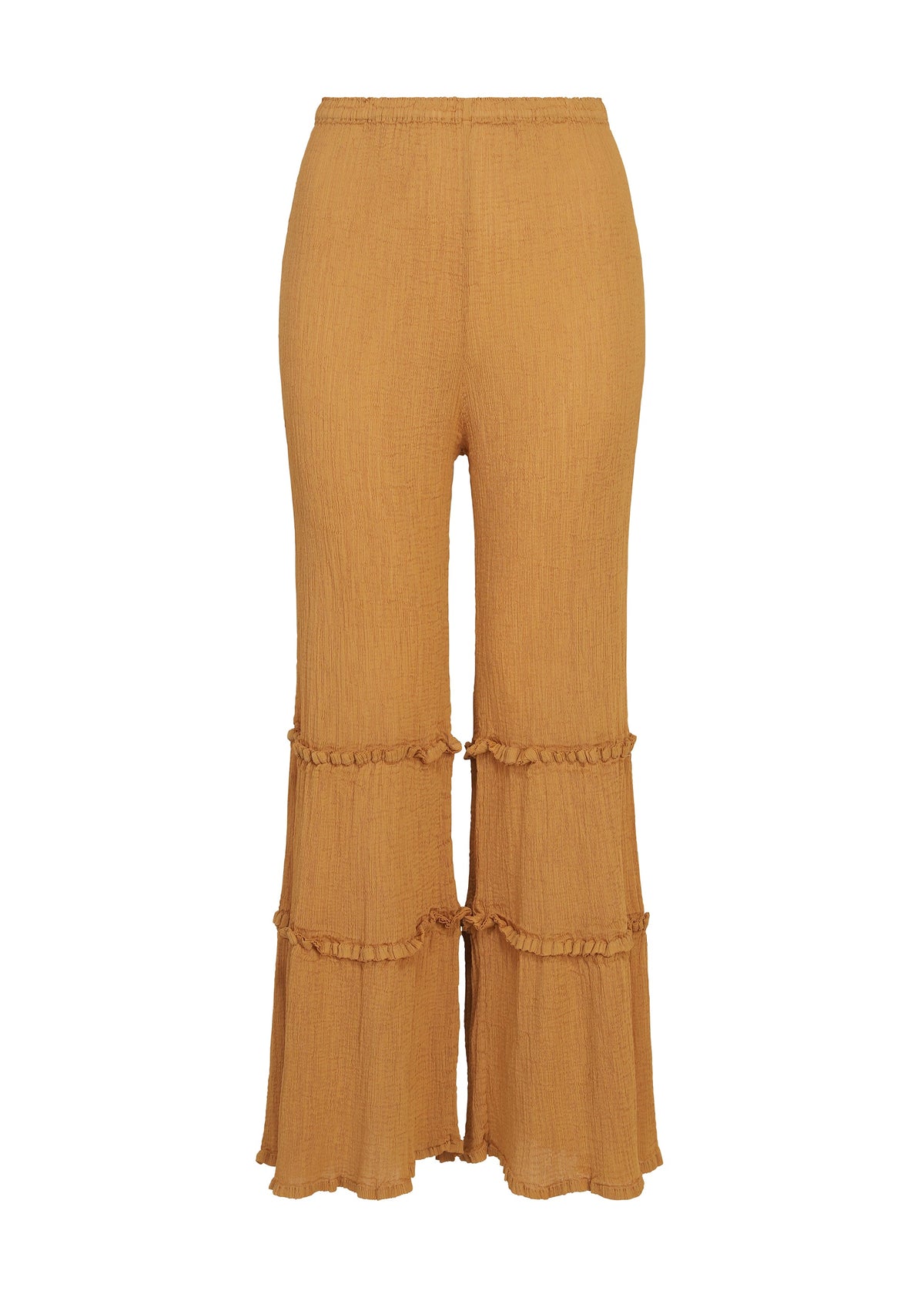 The FLARE SEE-THROUGH CREPE pants by me ISSEY MIYAKE are high-waisted, wide-leg trousers in mustard yellow, featuring two horizontal ruffle accents on each leg and a crinkled, garment-dyed crepe texture, displayed against a white background. view 2 of 6