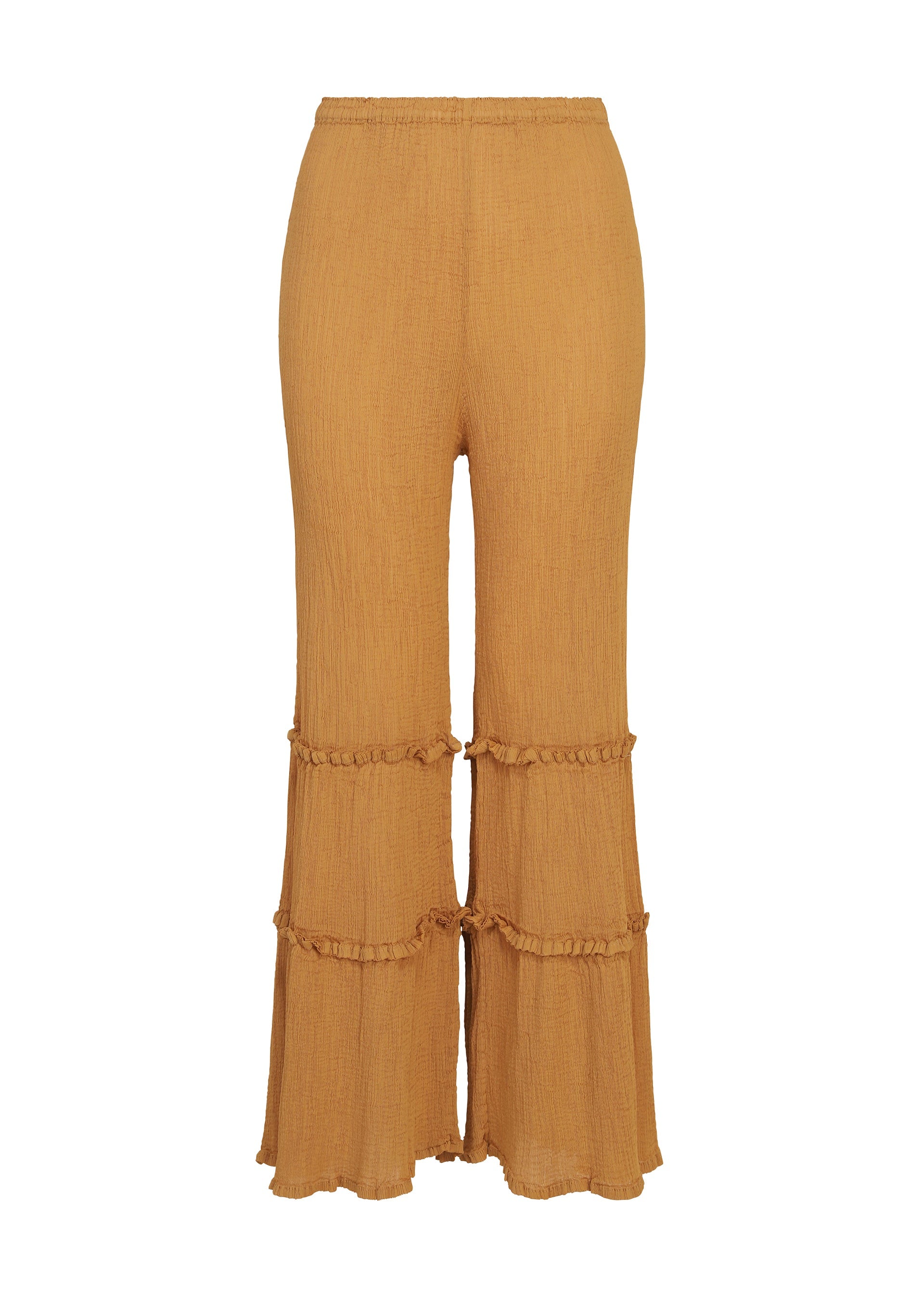 Zoomed view The FLARE SEE-THROUGH CREPE pants by me ISSEY MIYAKE are high-waisted, wide-leg trousers in mustard yellow, featuring two horizontal ruffle accents on each leg and a crinkled, garment-dyed crepe texture, displayed against a white background. - ONION BROWN （no.46）