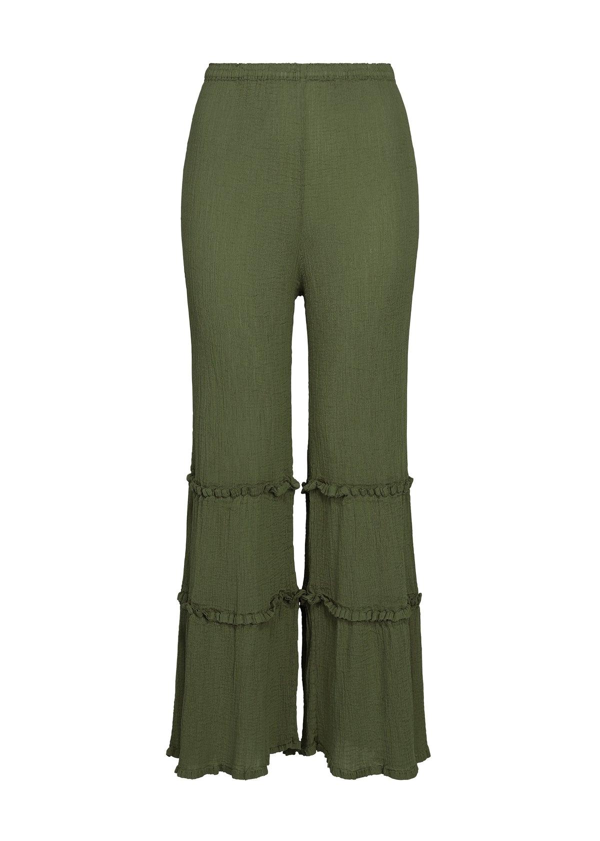 FLARE SEE-THROUGH CREPE pants by me ISSEY MIYAKE in olive green, featuring a high-waisted, wide-leg silhouette with ruffled tiered detailing at the lower legs, crafted from textured garment-dyed fabric using upcycled natural dyes. view 3 of 6