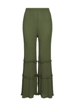 FLARE SEE-THROUGH CREPE pants by me ISSEY MIYAKE in olive green, featuring a high-waisted, wide-leg silhouette with ruffled tiered detailing at the lower legs, crafted from textured garment-dyed fabric using upcycled natural dyes. - OLIVE GREEN （no.66）