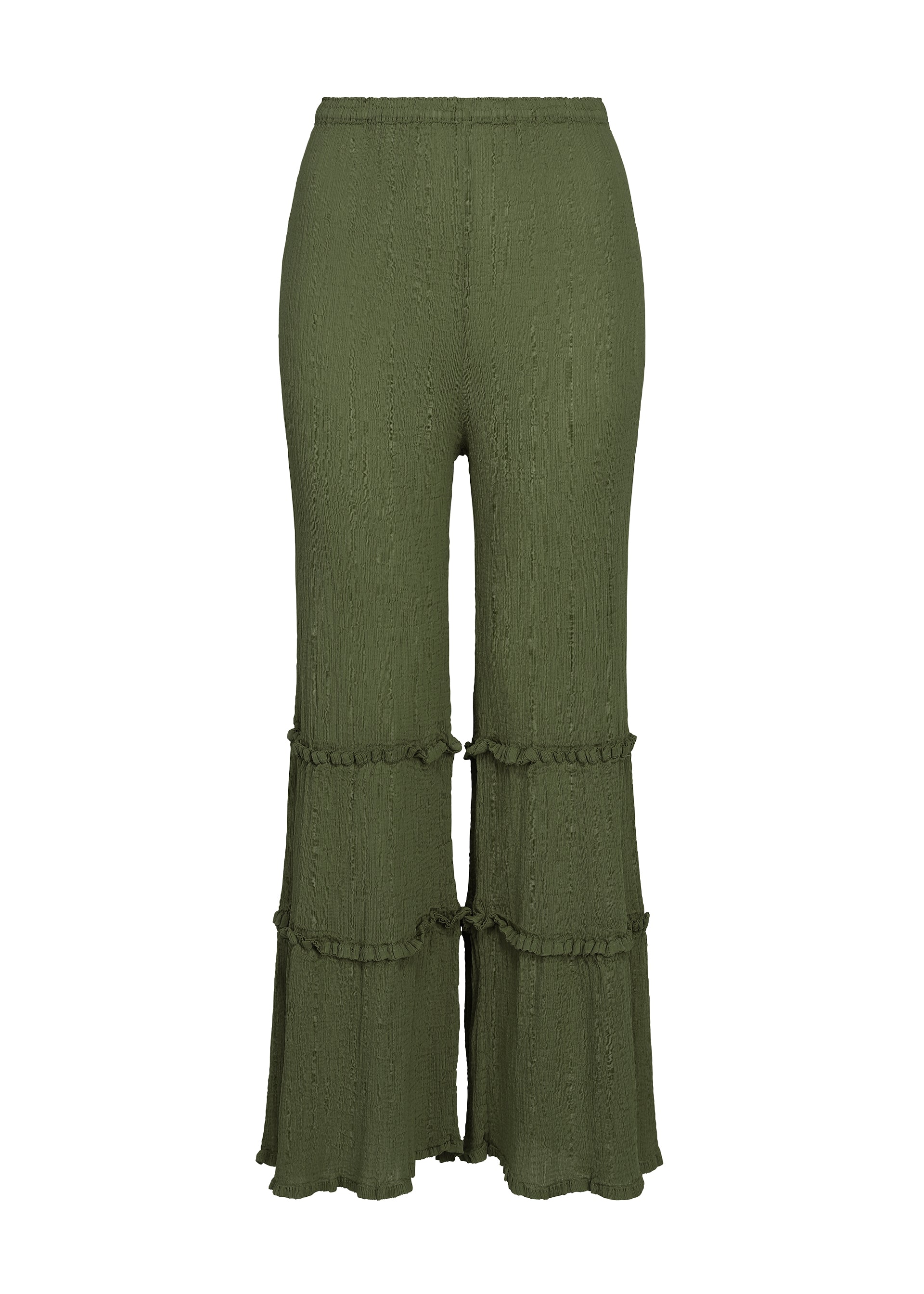 Zoomed view FLARE SEE-THROUGH CREPE pants by me ISSEY MIYAKE in olive green, featuring a high-waisted, wide-leg silhouette with ruffled tiered detailing at the lower legs, crafted from textured garment-dyed fabric using upcycled natural dyes. - OLIVE GREEN （no.66）