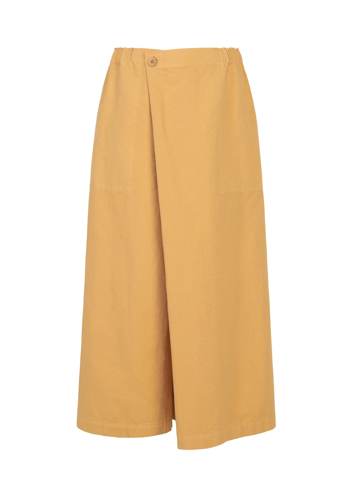 The PINA CLOTH wide-leg tan culottes from me ISSEY MIYAKE feature a faux wrap front, button waist closure, and a comfortable elastic waistband at the back, all crafted from lightweight fabric—ideal for pairing with a pineapple fiber jacket for an effortlessly stylish ensemble. view 1 of 6