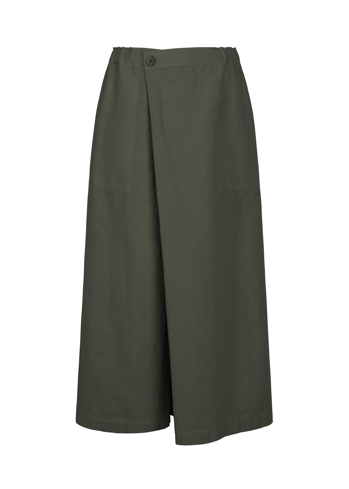 PINA CLOTH wide-leg culotte pants by me ISSEY MIYAKE in olive green, featuring an overlapping front panel, elastic waistband, and a single top button. These pants offer a loose, comfortable fit and simple, minimalist design—ideal for pairing with a sustainable jacket or your favorite garment-dyed outerwear. view 2 of 6