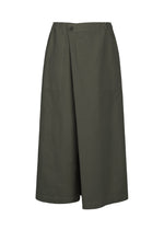 PINA CLOTH wide-leg culotte pants by me ISSEY MIYAKE in olive green, featuring an overlapping front panel, elastic waistband, and a single top button. These pants offer a loose, comfortable fit and simple, minimalist design—ideal for pairing with a sustainable jacket or your favorite garment-dyed outerwear. - DARK GREEN （no.67）