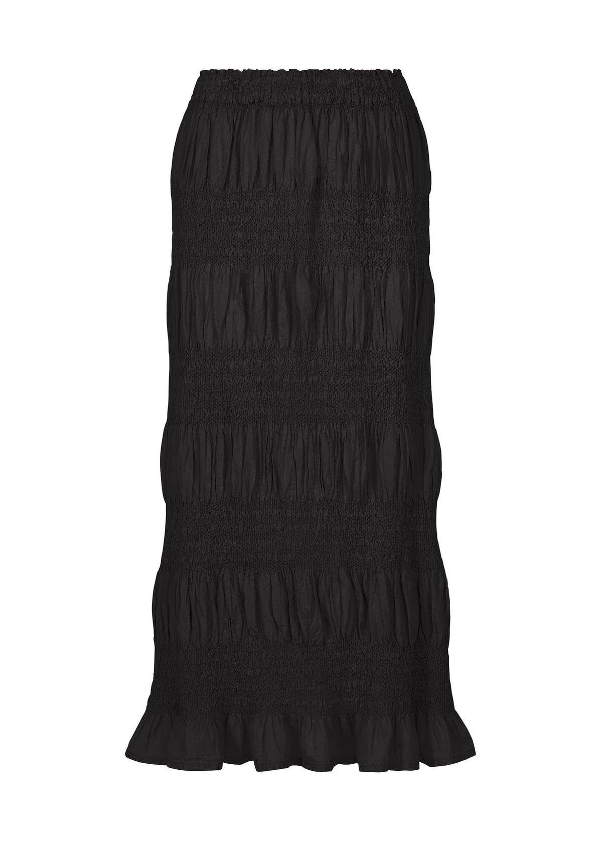 Introducing the SHRINK STRIPE skirt by me ISSEY MIYAKE—a black, ankle-length cotton blend piece featuring a ruffled hem and tiered, gathered fabric for a richly textured, ruched look. Expertly crafted with a product-dyeing technique, this skirt showcases distinctive style and modern sophistication. view 1 of 6