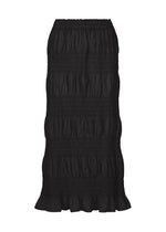 Introducing the SHRINK STRIPE skirt by me ISSEY MIYAKE—a black, ankle-length cotton blend piece featuring a ruffled hem and tiered, gathered fabric for a richly textured, ruched look. Expertly crafted with a product-dyeing technique, this skirt showcases distinctive style and modern sophistication. - BLACK （no.15）