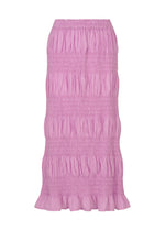 A long, light purple cotton-blend skirt from me ISSEY MIYAKE, named SHRINK STRIPE, features a smocked, ruched texture and ruffled hem. Crafted with a subtle product-dyeing technique, it is displayed on a plain white background. - ROSE PINK （no.20）