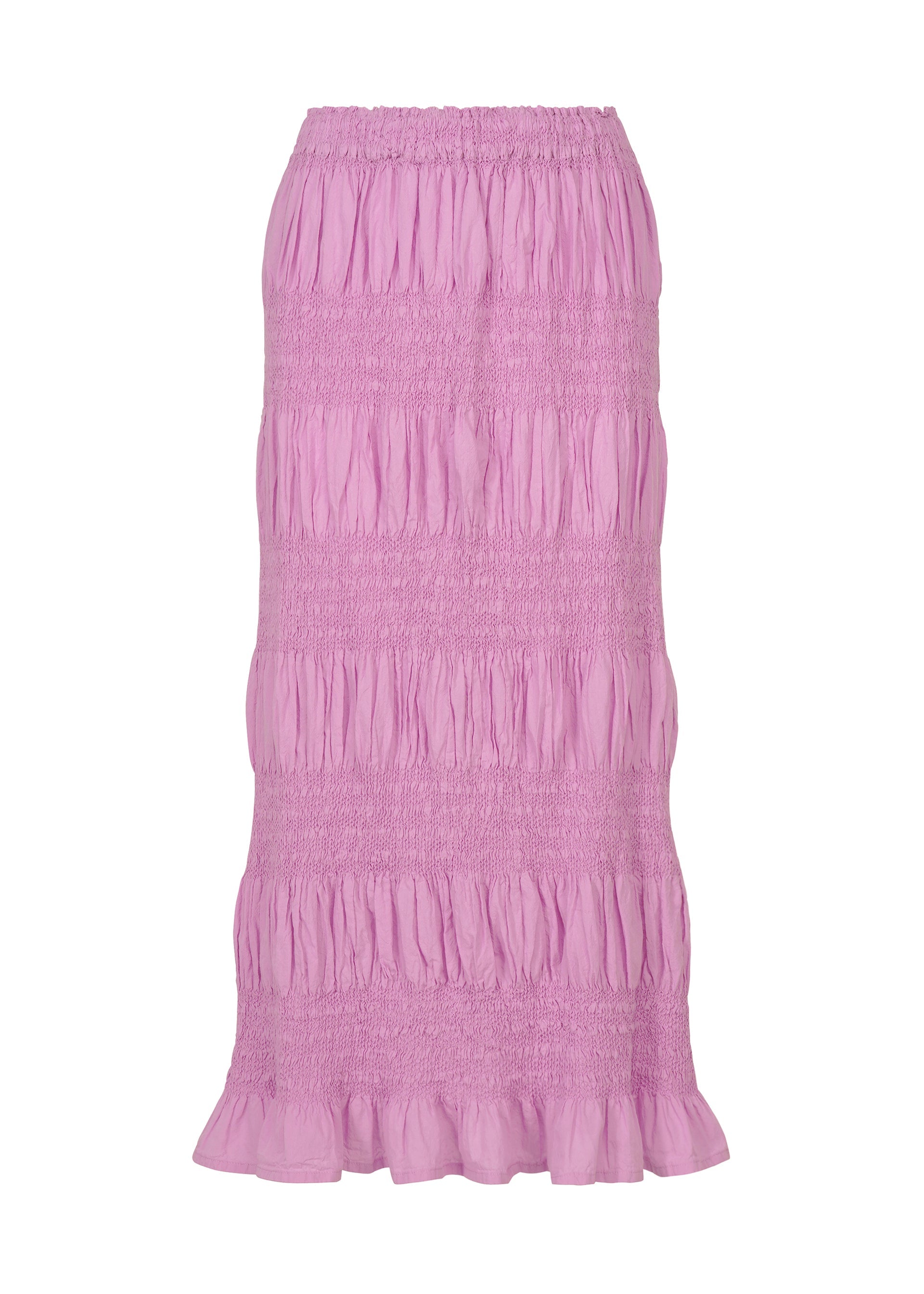 Zoomed view A long, light purple cotton-blend skirt from me ISSEY MIYAKE, named SHRINK STRIPE, features a smocked, ruched texture and ruffled hem. Crafted with a subtle product-dyeing technique, it is displayed on a plain white background. - ROSE PINK （no.20）