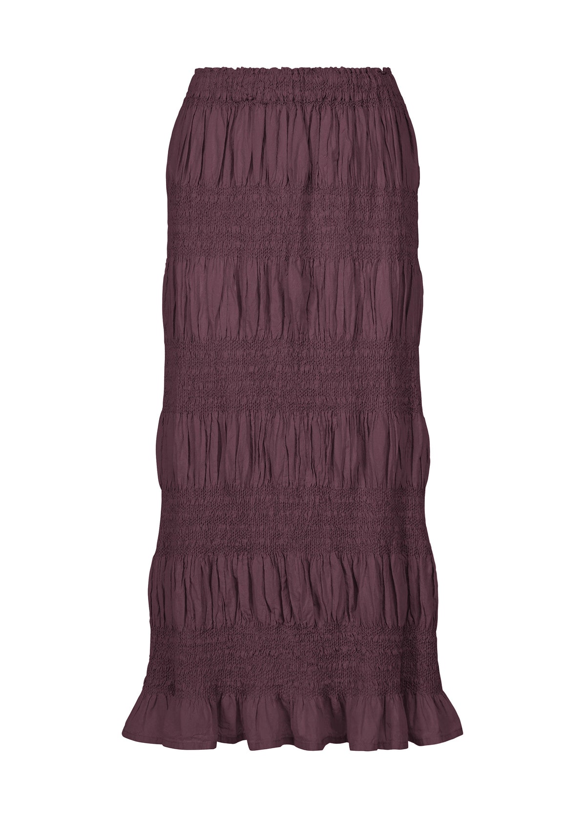 A long, purple SHRINK STRIPE skirt by me ISSEY MIYAKE, featuring tiered cotton-blend fabric with a ruched texture, ruffled hem, and crafted using a meticulous product-dyeing technique. view 3 of 6