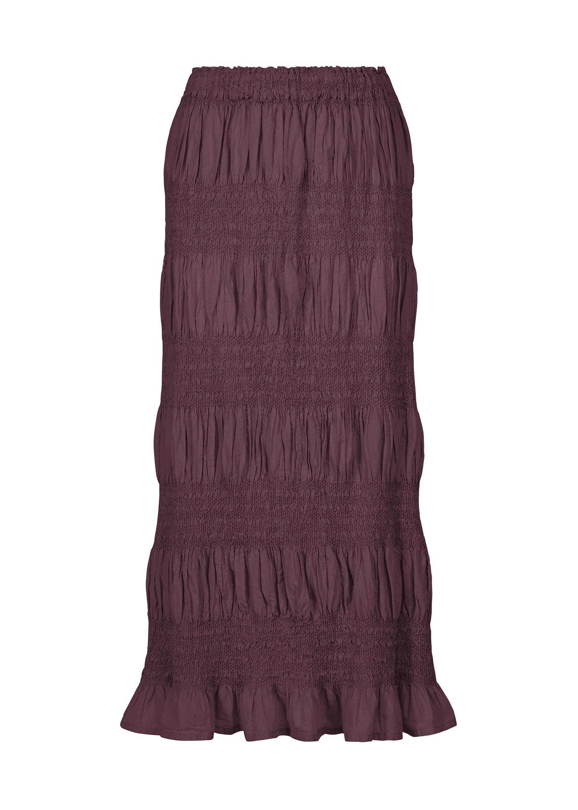Zoomed view A long, purple SHRINK STRIPE skirt by me ISSEY MIYAKE, featuring tiered cotton-blend fabric with a ruched texture, ruffled hem, and crafted using a meticulous product-dyeing technique. - BORDEAUX （no.84）