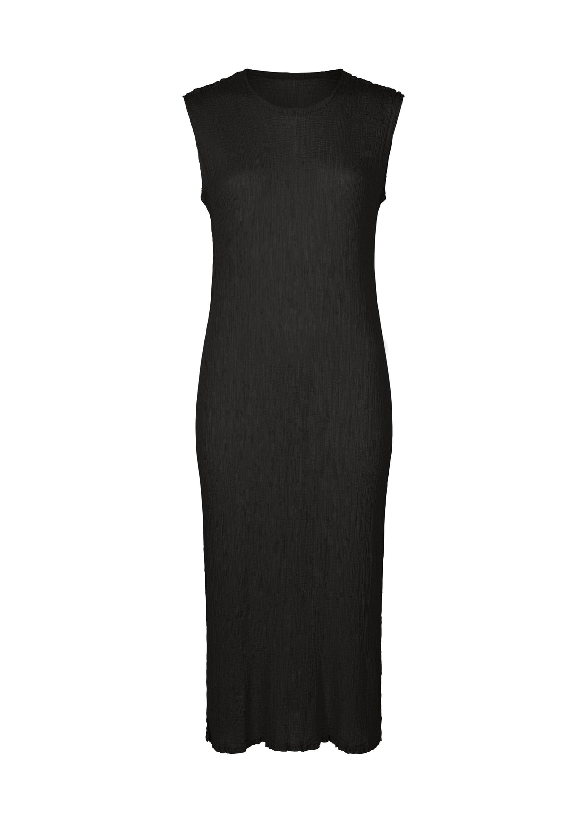 The SEE-THROUGH CREPE COLOR dress by me ISSEY MIYAKE is a sleeveless, black, calf-length piece featuring a round neckline, slim straight silhouette, and subtle texture from high-twist thread. view 1 of 8
