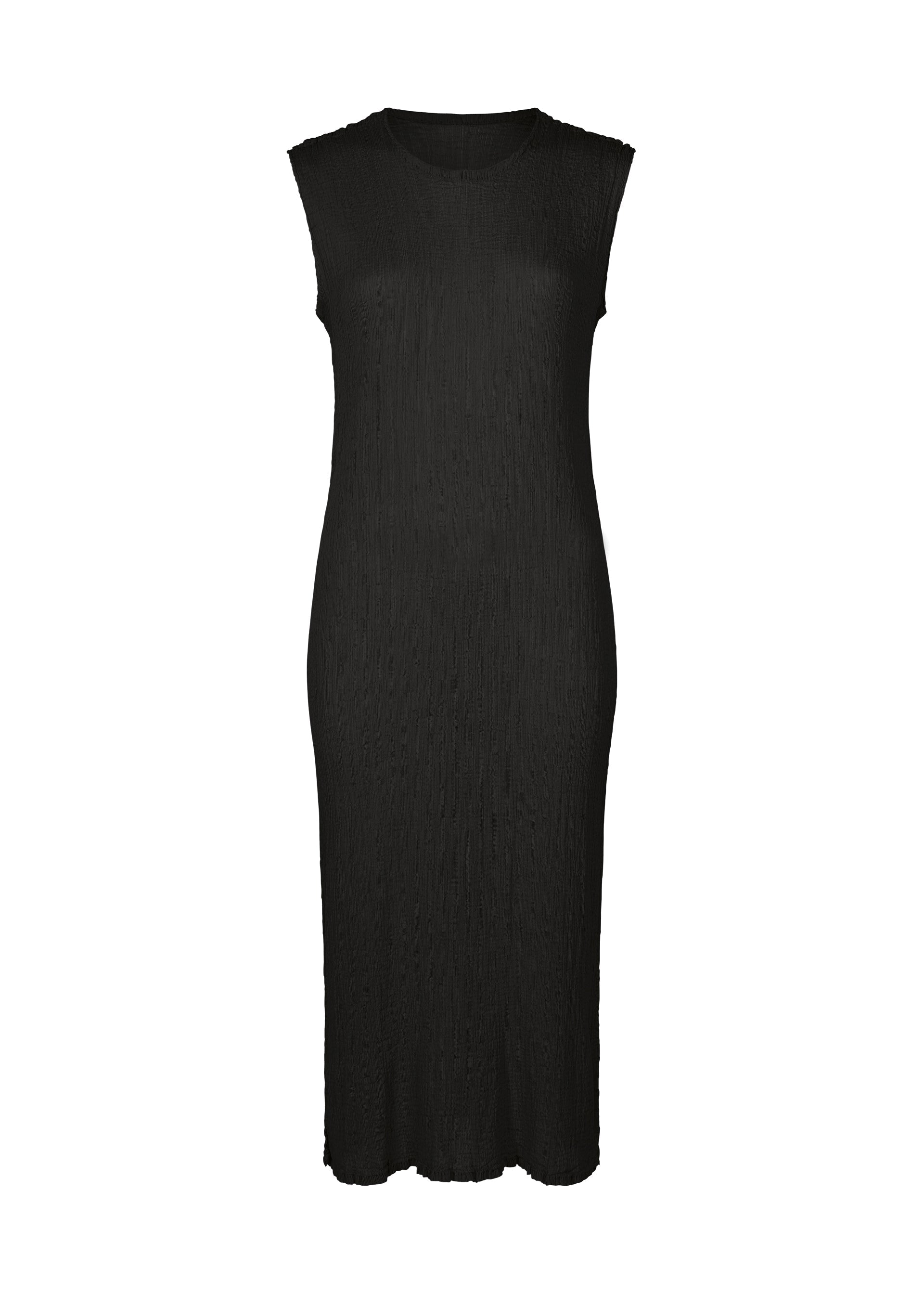 Zoomed view The SEE-THROUGH CREPE COLOR dress by me ISSEY MIYAKE is a sleeveless, black, calf-length piece featuring a round neckline, slim straight silhouette, and subtle texture from high-twist thread. - BLACK （no.15）
