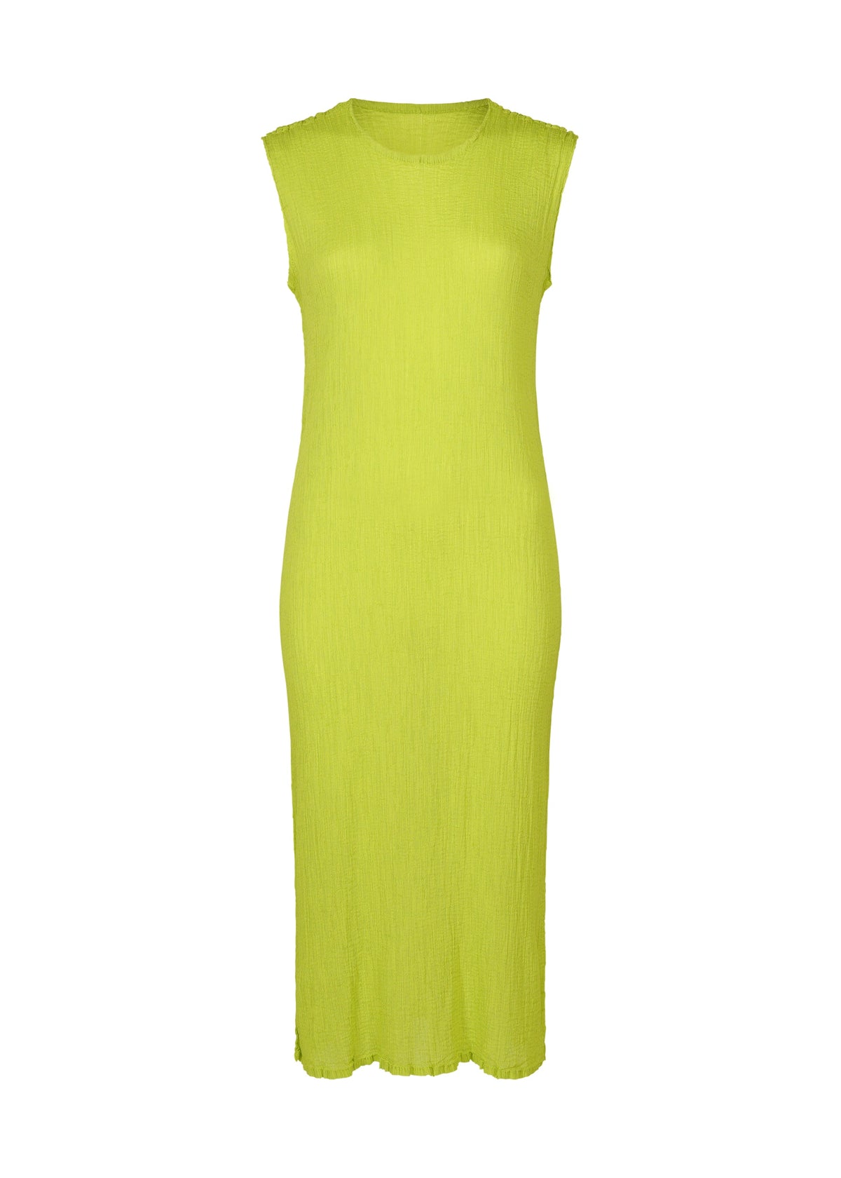 The SEE-THROUGH CREPE COLOR by me ISSEY MIYAKE is a sleeveless lime green ribbed-knit midi dress with a crew neck and straight silhouette, crafted from high-twist thread and shown on a plain white background. view 2 of 8