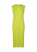 The SEE-THROUGH CREPE COLOR by me ISSEY MIYAKE is a sleeveless lime green ribbed-knit midi dress with a crew neck and straight silhouette, crafted from high-twist thread and shown on a plain white background. - LIME YELLOW （no.51）